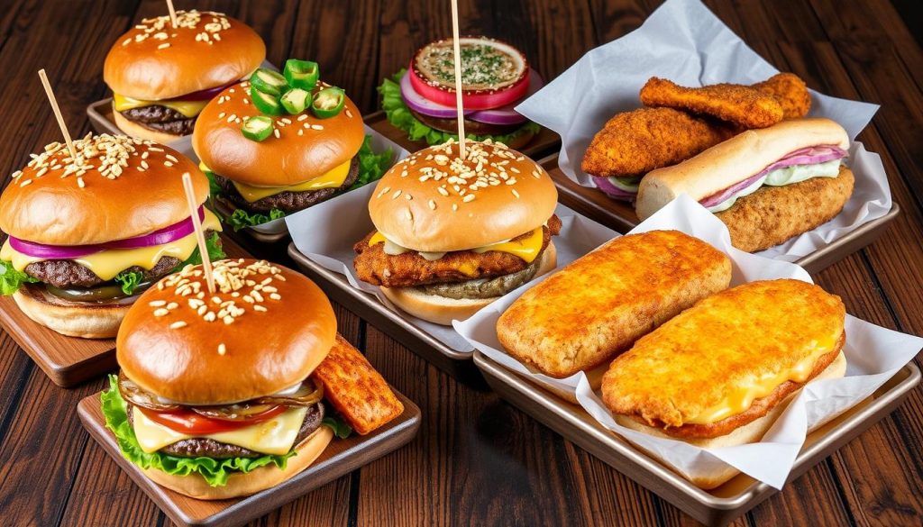 exclusive burger varieties, crispy chicken delights, flavorful fish sandwiches